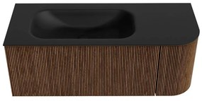 Mondiaz Kurve 115cm badmeubel ronding rechts walnut met 1 lade en deur en wastafel big small links zonder kraangat urban