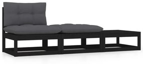 vidaXL 3-delige Loungeset met kussens massief grenenhout zwart