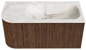 Mondiaz Kurve-dlux 95cm badmeubel ronding links walnut met 1 lade en deur en wastafel big small kraangat rechts frappe