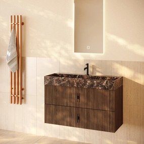 Muebles Murcia badmeubel ribbelfront 100cm walnoot met Dark Emperador wastafel met kraangat