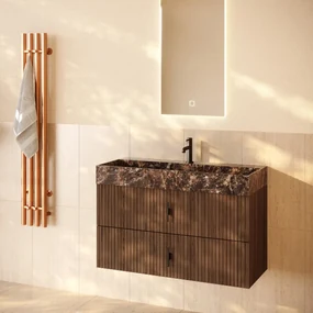Muebles Murcia badmeubel ribbelfront 100cm walnoot met Dark Emperador wastafel met kraangat