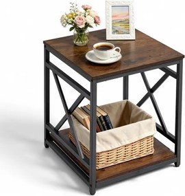 VEVOR bijzettafel, nachtkastje met 2 niveaus en open planken, modern nachtkastje met X-vormig metalen frame, houten salontafel voor woonkamer, slaapkamer, kantoor, bruin/zwart