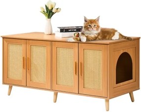 VEVOR Kattenbakbehuizing voor 2 katten, verborgen kattenbakmeubel met rotan-gedecoreerde deuren, houten kattenbakkast, past op de meeste kattenbakken, 119,4 cm L x 40,1 cm B x 55,6 cm H, natuurlijk