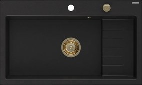 Mexen Omar granieten gootsteen 1-kompartiment 800 x 480 mm, zwart, gouden sifon - 6520801005-77-G