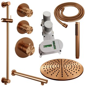 Brauer Copper Edition complete inbouw regendouche met staafhanddouche, rechte wandarm, glijstang en hoofddouche 30cm set 14 koper geborsteld PVD