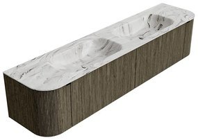 Mondiaz Kurve-dlux 200cm badmeubel ronding links/rechts shadow met 2 lades en deuren en wastafel stor small dubbel zonder kraangat glace