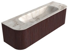 Mondiaz Kurve-dlux 150cm badmeubel ronding links/rechts ruby met 1 lade en 2 deuren en wastafel big medium midden zonder kraangat frappe