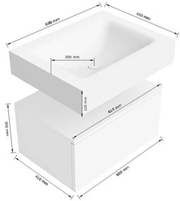 Zaro Alan badmeubel 60cm urban 1 lade met vrijhangende wastafel cloud midden zonder kraangat talc