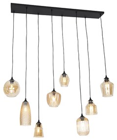 Eettafel / Eetkamer Art Deco hanglamp zwart met amber glas 8-lichts - Hanne Art Deco E27 Binnenverlichting Lamp