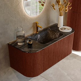 Mondiaz Kurve-dlux 110cm badmeubel ronding links/rechts ruby met 1 lade en 2 deuren en wastafel cloud midden 1 kraangat lava