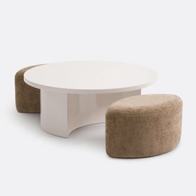 Gelakte salontafel met 2 stoffen voetenbankjes, JEN