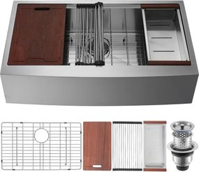 VEVOR Farmhouse Keuken Spoelbak, Ingebouwde Spoelbak 304 Roestvrij Staal, Ingebouwde Keuken Spoelbak met Snijplank &amp; Afdruiprek &amp; Zeef, Huishoudelijke Spoelbak Enkele Kom 914,4 x 558,8 x 228,6 mm Keuken Werkstation