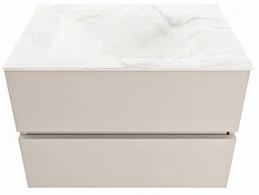 Mondiaz Vica DLux badmeubel 70cm linen 2 lades met wastafel ostra midden 1 kraangat