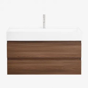 Badkamermeubelset Van Hout En Essenhoutfineer Met Geïntegreerde Wastafel Ona Donker Hout & Spiegelloze & Geborsteld Grijs ↑20 - Sklum