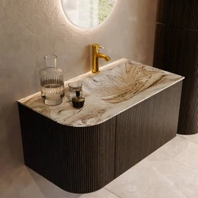 Mondiaz Kurve-dlux 85cm badmeubel ronding links shadow met 1 lade en deur en wastafel cloud kraangat rechts glace