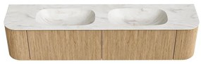 Mondiaz Kurve-dlux 200cm badmeubel ronding links/rechts oak met 2 lades en deuren en wastafel stor small dubbel 2 kraangaten ostra