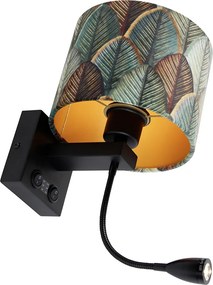 Wandlamp zwart met velours lampenkap blad dessin met gouden binnenkant - Brescia Combi