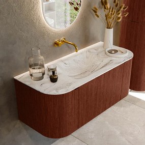 Mondiaz Kurve-dlux 110cm badmeubel ronding links/rechts ruby met 1 lade en 2 deuren en wastafel cloud midden zonder kraangat glace