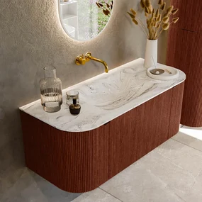 Mondiaz Kurve-dlux 110cm badmeubel ronding links/rechts ruby met 1 lade en 2 deuren en wastafel cloud midden zonder kraangat glace