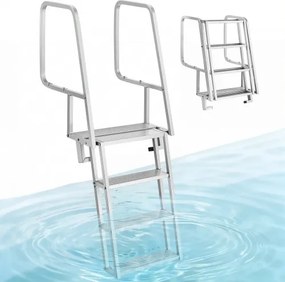 VEVOR opvouwbare aanlegsteigerladder, bootladder met 4 antislip treden, brede pedalen en leuning, draagvermogen 159 kg, aluminiumlegering zwembadladder met trekkoord, toegangsladder voor aanlegsteigers, zwembaden, boten en meren.