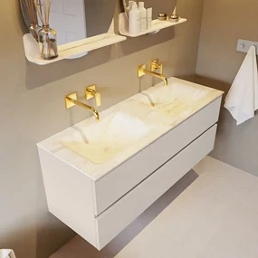 Mondiaz Vica DLux badmeubel 130cm linen 2 lades met wastafel ostra dubbel zonder kraangat