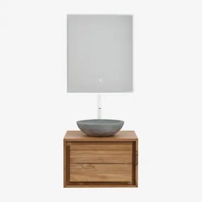 Jabari Teakhouten Badkamermeubelset Teakhout & Rond Grijs Cement Ø40 Cm Tarsis & Rechthoekige Led En Anticondens 60x70 Cm Riben & Wit - Sklum