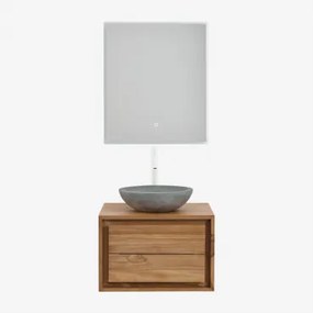 Jabari Zwevend Badkamermeubelset Van Teakhout Teakhout & Rond Grijs Cement Ø40 Cm Tarsis & Rechthoekige Led En Anticondens 60x70 Cm Riben - Sklum