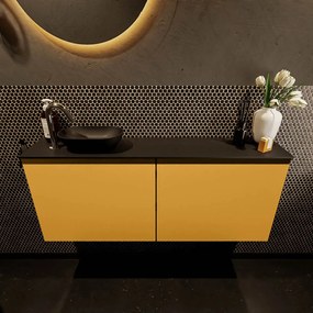 Mondiaz Fowy toiletmeubel 120cm ocher met zwarte waskom links en kraangat