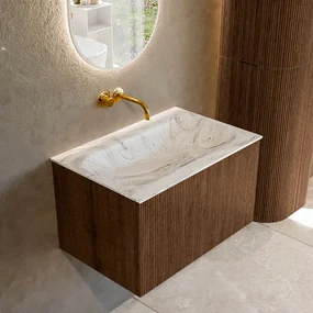 Mondiaz Kurve-dlux 70cm badmeubel walnut met 1 lade en wastafel big small midden zonder kraangat glace