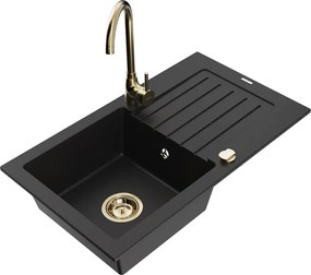 Mexen Pablo granieten spoelbak met 1 bak, druiprek en keukenmengkraan Telma, zwart - 6510-77-670200-50