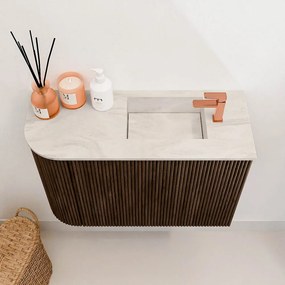 Mondiaz Joya DLux 60cm toiletmeubel ronding links walnut met wastafel faye rechts 1 kraangat ostra