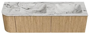 Mondiaz Kurve-dlux 155cm badmeubel ronding links oak met 2 lades en 1 deur en wastafel leaf dubbel/rechts 2 kraangaten glace