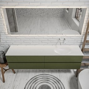 Zaro Sevilla Solid Surface badmeubel 200cm mat army groen zonder kraangat spoelbak rechts met 4 lades