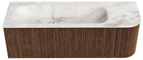 Mondiaz Kurve-dlux 135cm badmeubel ronding rechts walnut met 1 lade en deur en wastafel big medium links zonder kraangat frappe