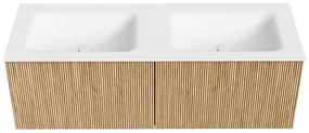Mondiaz Kurve 130cm badmeubel oak met 2 lades en wastafel cloud dubbel 2 kraangaten