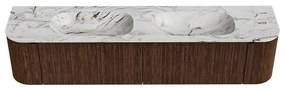 Mondiaz Kurve-dlux 200cm badmeubel ronding links/rechts walnut met 2 lades en deuren en wastafel stor small dubbel 2 kraangaten glace
