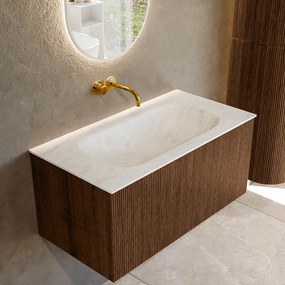 Mondiaz Kurve-dlux 90cm badmeubel walnut met 1 lade en wastafel big small midden zonder kraangat opalo