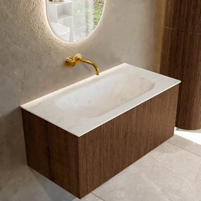 Mondiaz Kurve-dlux 90cm badmeubel walnut met 1 lade en wastafel big small midden zonder kraangat opalo