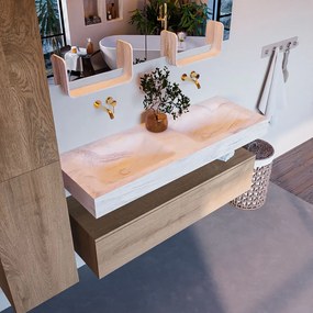 Mondiaz Alan DLux badmeubel 130cm washed oak 1 lade met wastafel ostra dubbel zonder kraangat