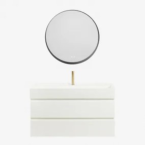 Ona Zwevend Badkamermeubelset Van Hout En Essenfineer Met Geïntegreerde Wastafel Wit & Round Led And Antifog Zwart Ø80 Cm Kimacs & - Sklum