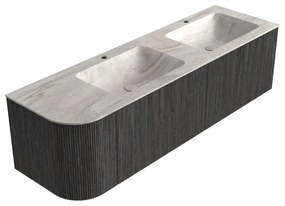Mondiaz Kurve-dlux 155cm badmeubel ronding links shadow met 2 lades en 1 deur en wastafel leaf dubbel/rechts 2 kraangaten ostra