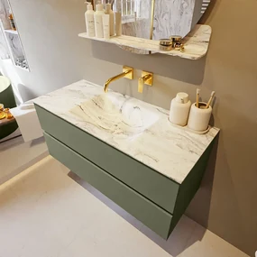 Mondiaz Vica DLux badmeubel 110cm army 2 lades met wastafel glace midden zonder kraangat