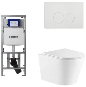 QeramiQ Dely Toiletset - 36.3x51.7cm - diepspoel - rimless - Geberit UP320 Burda inbouwreservoir - softclose toiletzitting - glans witte bedieningsplaat - ronde knoppen - wit mat SW543432/0701131/SW706186