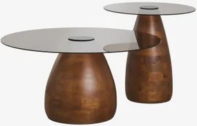 Set Van 2 Ronde Salontafels Van Gehard Glas Mariana Donker Handvat Hout - Sklum