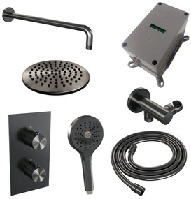 Brauer Gunmetal Carving complete inbouw regendouche set 33 met 20cm douchekop, gebogen muurarm en 3 standen handdouche gunmetal geborsteld PVD