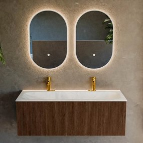 Mondiaz Kurve-dlux 120cm badmeubel walnut met 1 lade en wastafel big large midden 2 kraangaten opalo