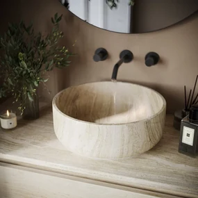 Fontana White Travertin warm eiken wastafelmeubel 120cm met toppaneel en ronde waskommen