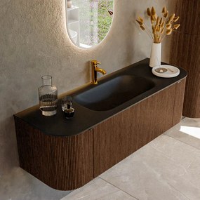 Mondiaz Kurve 140cm badmeubel ronding links/rechts walnut met 1 lade en 2 deuren en wastafel big small midden 1 kraangat urban