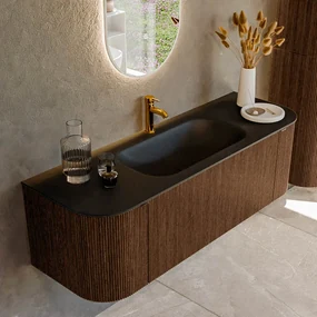 Mondiaz Kurve 140cm badmeubel ronding links/rechts walnut met 1 lade en 2 deuren en wastafel big small midden 1 kraangat urban