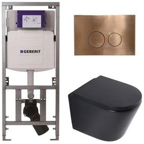 QeramiQ Dely Toiletset - 36.3x51.7cm - diepspoel - rimless - Geberit UP320 inbouwreservoir - softclose toilet zitting 35 mm - koperen bedieningsplaat - ronde knoppen - mat zwart SW1026253/SW1000769/0701131/SW706196